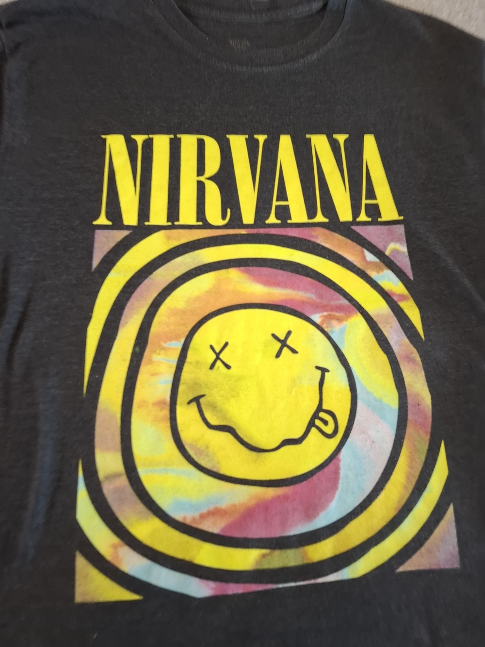 NIRVANA Black Tee with Yellow Smiley and Multicolor Swirl - Picture 2 of 7